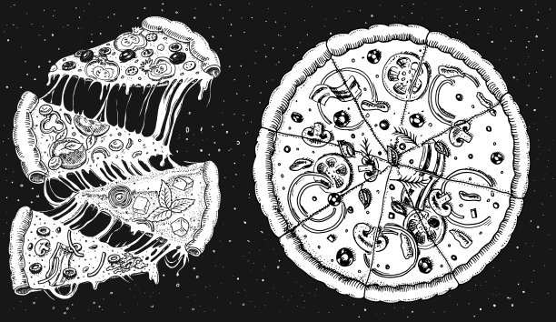 一套芝士披萨。美味的意大利素食，搭配西红柿，海鲜和橄榄。烹饪原料和送货摩托车。餐厅菜单示意图。手绘复古风格。图片下载