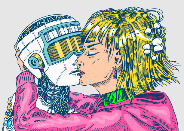 人工智能的概念。机器人和男人，女人和男人接吻。爱几个概念。替身或Android。手绘未来技术。复古雕刻单色素描。图片下载