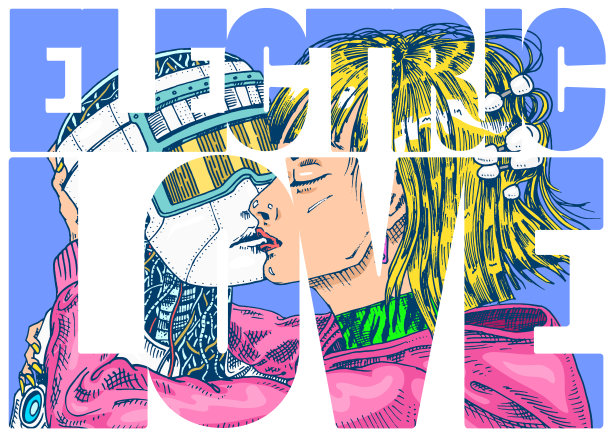 人工智能的概念。机器人和男人，女人和男人接吻。爱几个概念。替身或Android。手绘未来技术。复古雕刻单色素描。图片下载