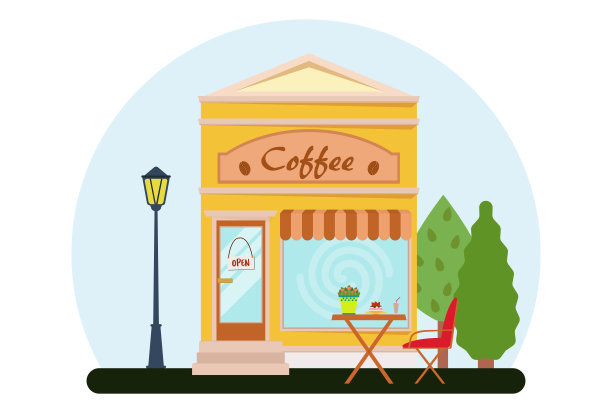 向量现代咖啡馆详细立面在平面风格。矢量插图。图片下载