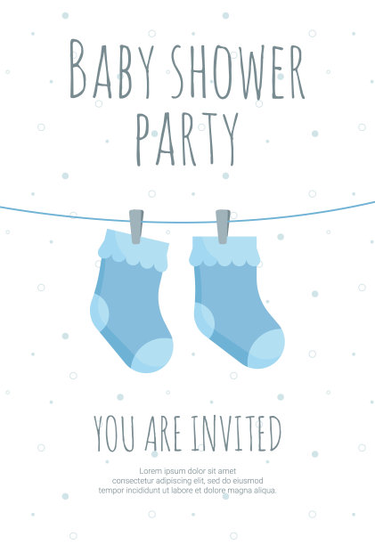 宝宝的到来和淋浴邀请模板上有一对粉红色的幼儿袜挂在别针上。图片下载