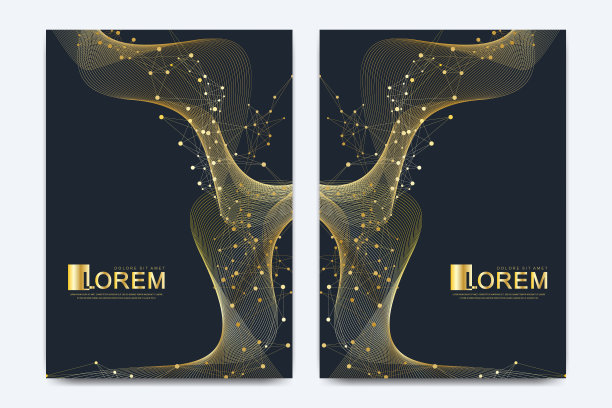 现代矢量模板的小册子，传单，传单，封面，目录，杂志，横幅或年度报告。A4大小。商业、科技设计，金色动感波浪、线条、颗粒。图片下载