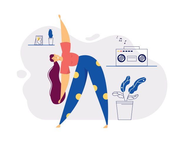 积极健康的生活方式概念与女孩的性格做有氧现代舞在家里与音乐。室内横幅为女性放松网站，网页。平面向量插图图片下载