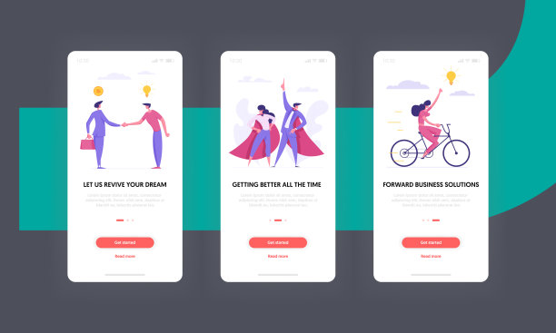 团队业务概念手机应用页面屏幕设置。人物角色为超级英雄，商人握手和创意女性自行车网站或网页。平面卡通矢量插图图片下载