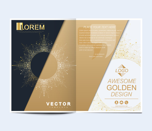 现代矢量模板的小册子，传单，传单，封面，横幅，目录，杂志，或年度报告在A4大小。未来科技设计。曼荼罗金色呈现图片下载