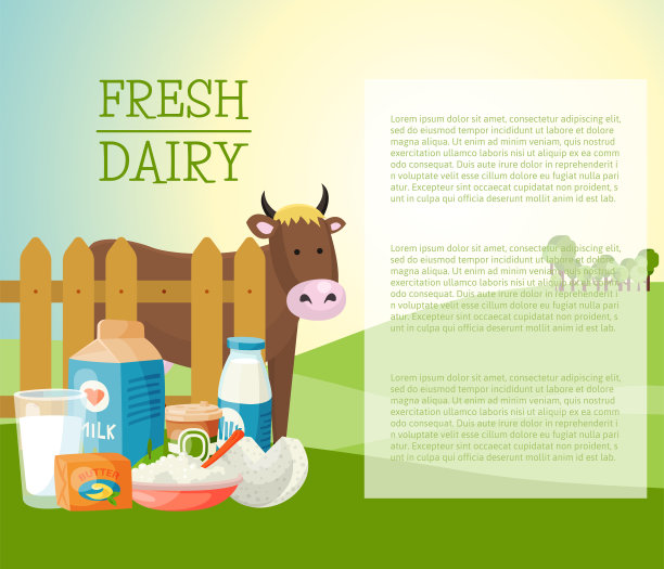 新鲜乳制品横幅，矢量插图海报。有机食品,食品质量。味道好，营养价值高。牛奶，奶酪，酸奶，白软干酪，酸奶油和奶牛，黄油。图片下载
