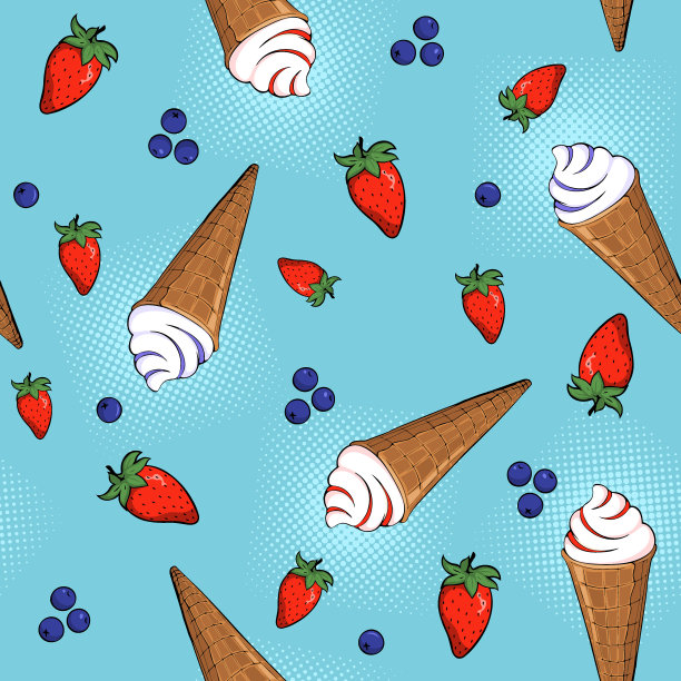 无缝模式。手绘冰淇淋、草莓和蓝莓在蓝色背景上。矢量图图片下载