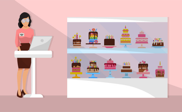 甜蜜的商店卡通组成与店员与笔记本电脑靠近柜台和展示与蛋糕矢量插图。巧克力和水果甜点纸杯蛋糕，蛋糕，布丁，饼干。图片下载