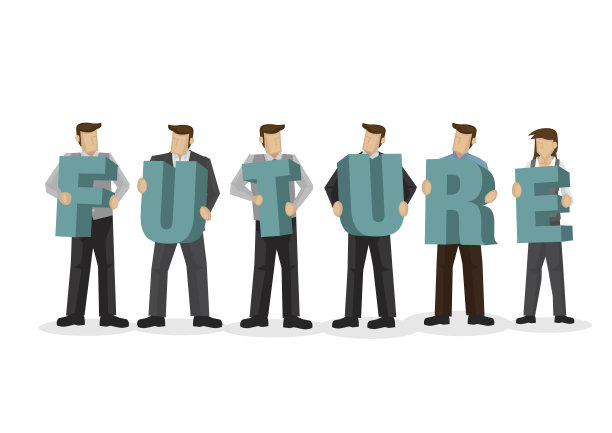 一群商人手持巨大的字母组成了单词future。未来合作、团队合作或企业文化的概念。孤立矢量图。图片下载