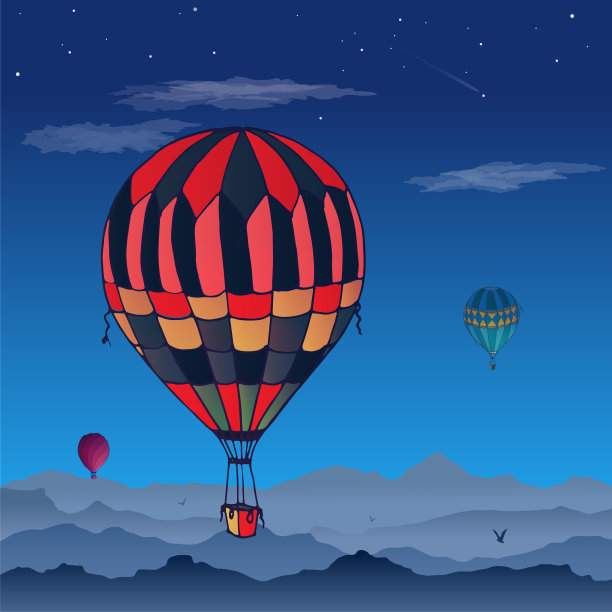 气球向量的名片。一些不同颜色的条纹气球在乌云密布的夜空中飞行。云和鸟在天空中翱翔的图案。旅行和度假。图片下载