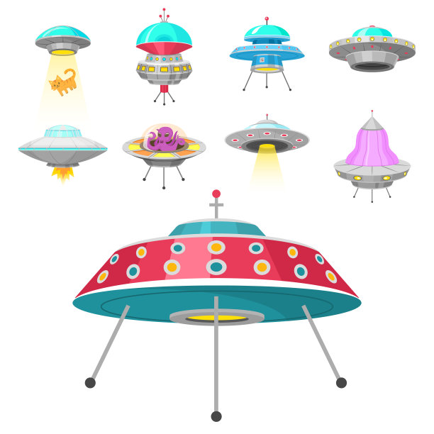 外星飞船，不明飞行物，奇异的火箭，宇宙飞船在宇宙空间。矢量插图上的白色背景。GUI元素，卡通风格，平面游戏。图片下载