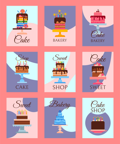 蛋糕店一套横幅或卡片矢量插图。蛋糕店的巧克力和水果甜点，有纸杯蛋糕，蛋糕，布丁，饼干，奶油，釉和糖屑，蜡烛。图片下载