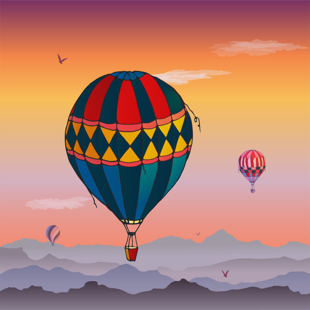 气球向量的名片。一些不同颜色的条纹气球在乌云密布的夜空中飞行。云和鸟在天空中翱翔的图案。旅行和度假。图片下载