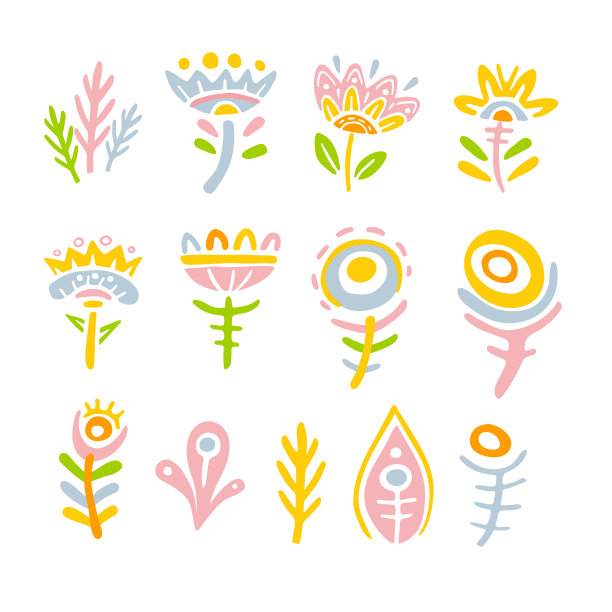 一套幻想童话彩色花朵在白色的背景。儿童绘画，奇花异草。图片下载