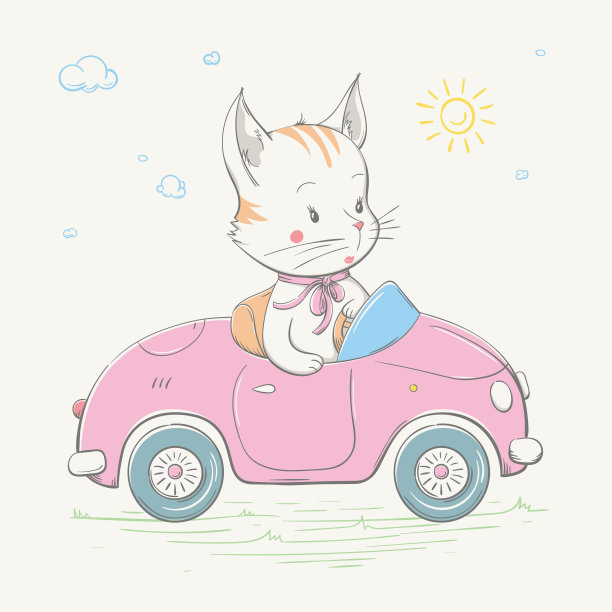 可爱可爱的小猫女孩开着粉红色的车。年轻时尚的司机。夏日系列儿童卡片图片下载