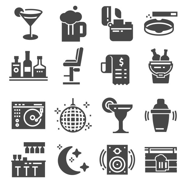 酒吧灰色图标集。鸡尾酒、饮品、DJ图片下载