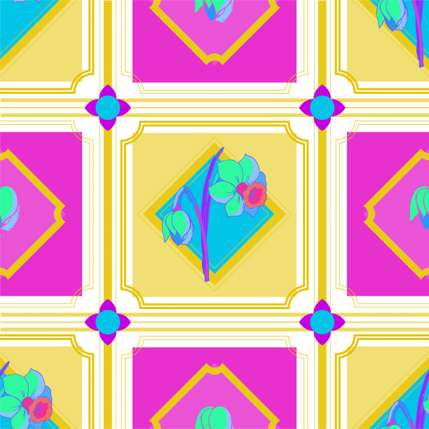 无缝格子图案明亮的霓虹灯色调与水仙花。现代背景为您的设计丰富的色彩与花卉元素。图片下载