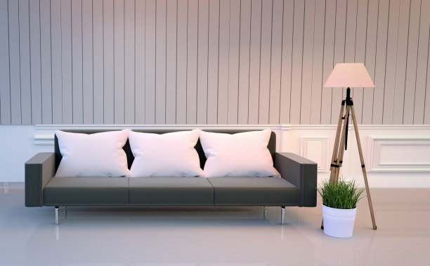 现代客厅内饰-黑色沙发和白色枕头及灯饰-房间白色格调高雅。三维渲染图片下载