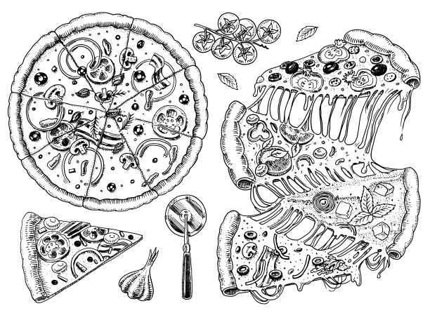 一套芝士披萨。美味的意大利素食，搭配西红柿、橄榄和茄子。餐厅菜单示意图。手绘模板。复古风格。图片下载