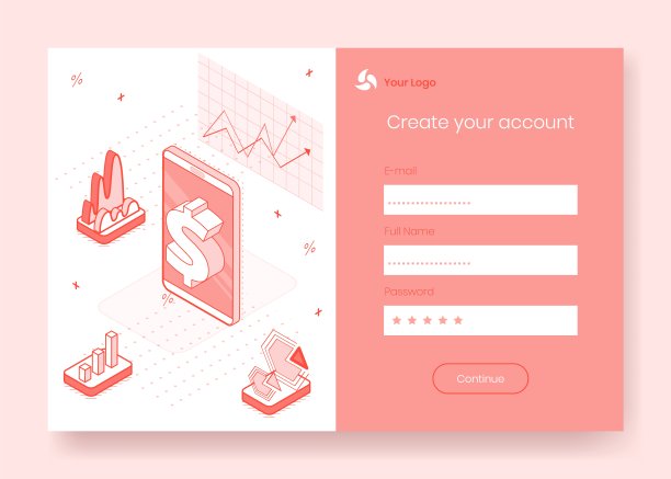 数字等距设计理念集金融业务手机app 3d图标，准备使用登录、创建账户、注册在线表单。等距商业金融符号，互联网页面概念图片下载