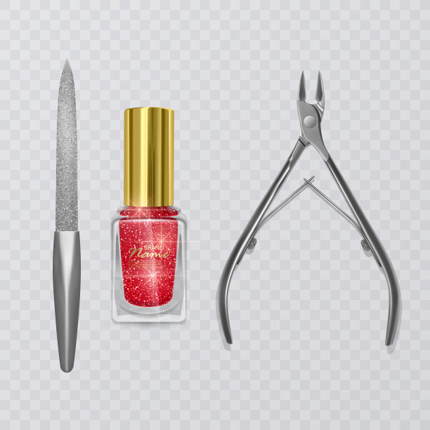 矢量插图与美甲工具，红色指甲油，指甲锉和现实角质层去除剪图片下载