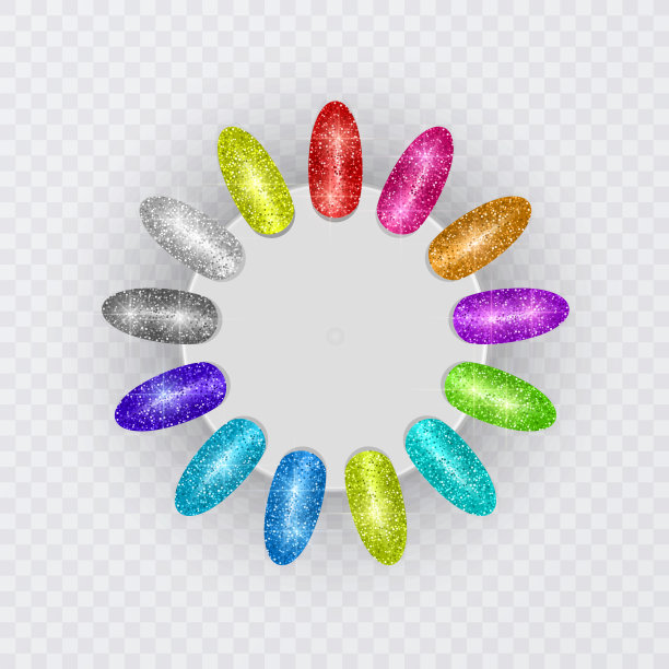 五彩缤纷的技巧。一套假指甲为美甲。指甲油调色板用于指甲延伸。椭圆调色板与人造指甲，颜色样本图片下载