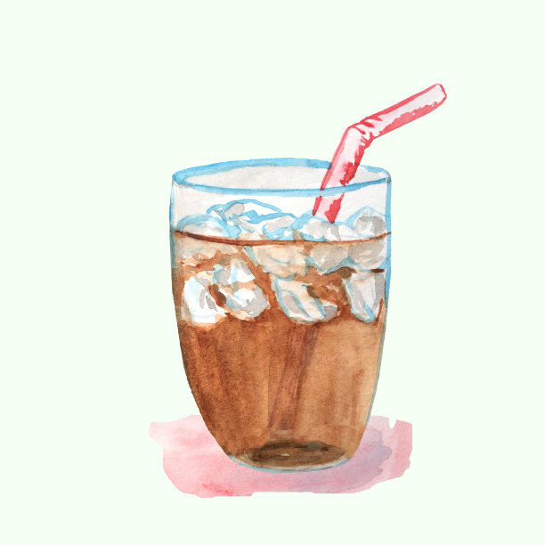 鸡尾酒加可乐，玻璃杯加冰。用于菜单设计、装饰的水彩插图。图片下载