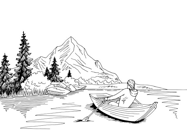 人划船在一个湖，山图形黑白景观素描插图向量图片下载