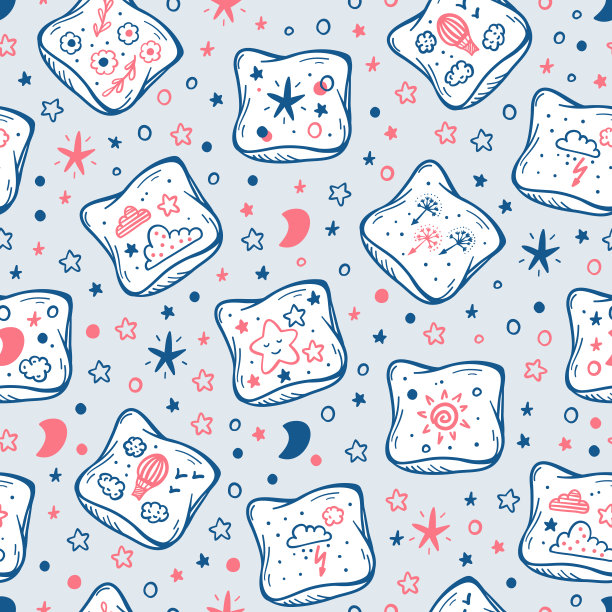 枕头背景的孩子。矢量无缝图案手绘涂鸦素描床枕头可爱的印花。卡通靠垫壁纸。睡衣派对。婴儿洗澡图片下载