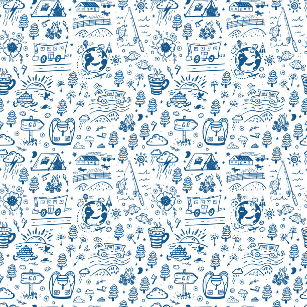 无缝模式与手绘涂鸦旅游，旅游和露营图标。向量的背景图片下载