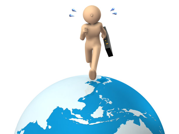 一个繁忙的商人。他周游世界。白色背景。三维演示图片下载