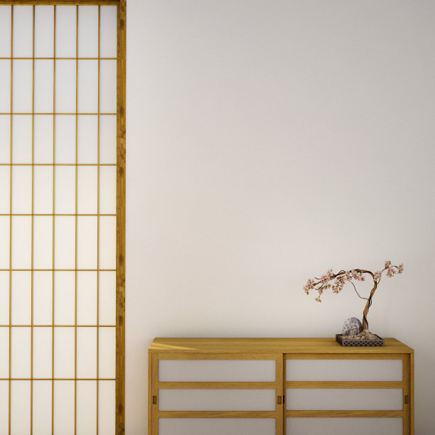 室内设计，客厅与桌子，木地板和榻榻米和传统的日本门在最佳窗户上，是专门设计的日式风格，3d插图，3d渲染图片下载