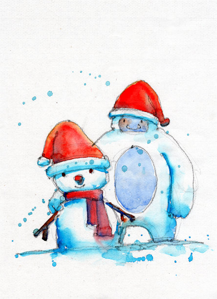 水彩画一套雪人朋友在冬天，手绘在纸上图片下载