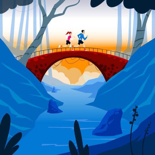 石桥上的奔跑情侣。图片下载