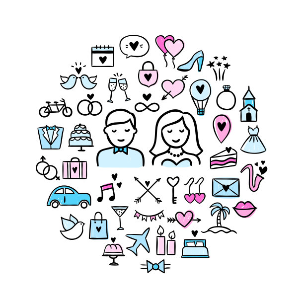 婚礼矢量图标在圆形概念。手绘爱的插图和符号在白色的背景图片下载