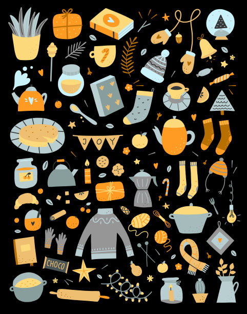 Hygge元素和矢量插图上的黑色背景。舒适的斯堪的纳维亚生活方式室内，食物，衣服和物体。在家过圣诞节图片下载