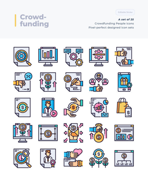 详细的矢量线图标集合众筹。64x64像素完美和可编辑的描边。图片下载