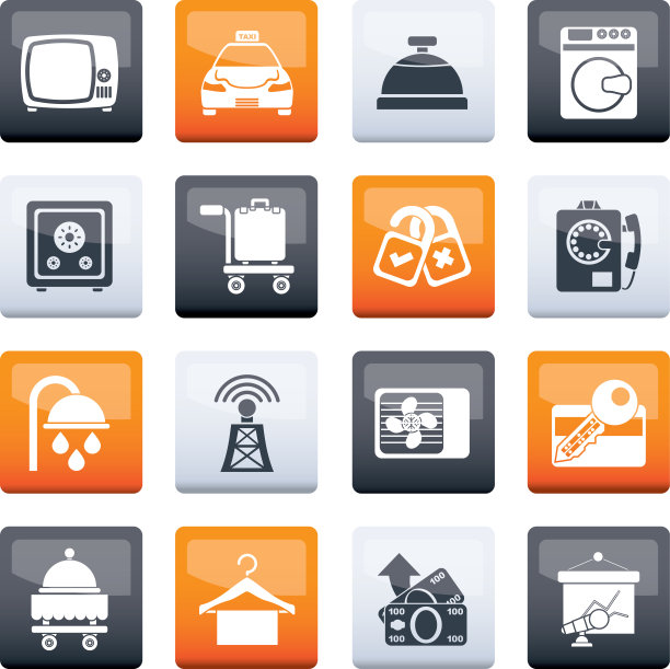 酒店和汽车旅馆房间设施图标上的颜色背景图片下载