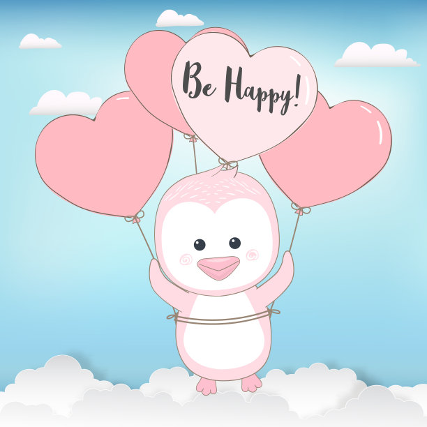 可爱的企鹅与心形气球漂浮在云动物卡通图片下载