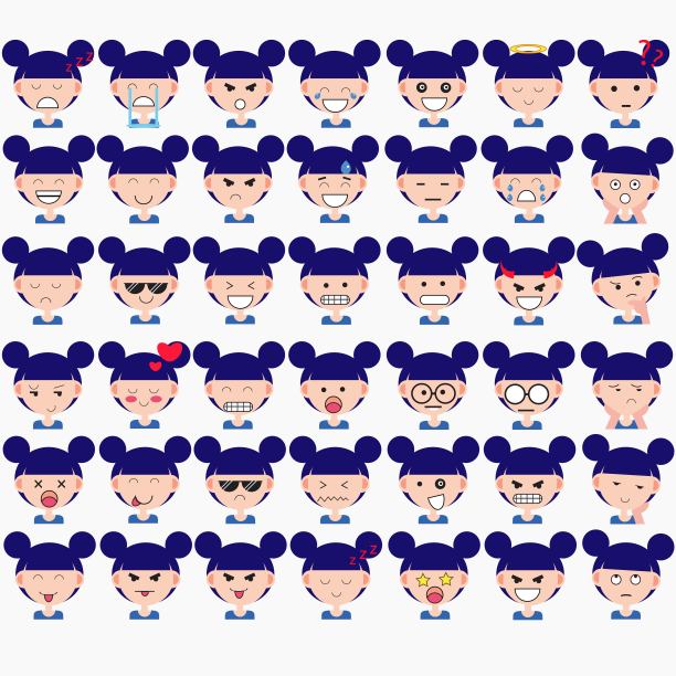 插图可爱的女孩的脸显示不同的情绪。喜悦，悲伤，愤怒，说话，滑稽，恐惧，微笑。孤立的插图在白色的背景。图片下载