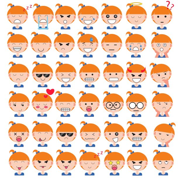 插图可爱的女孩的脸显示不同的情绪。喜悦，悲伤，愤怒，说话，滑稽，恐惧，微笑。孤立的插图在白色的背景。图片下载