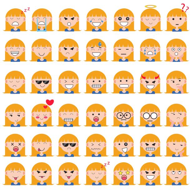 插图可爱的女孩的脸显示不同的情绪。喜悦，悲伤，愤怒，说话，滑稽，恐惧，微笑。孤立的插图在白色的背景。图片下载