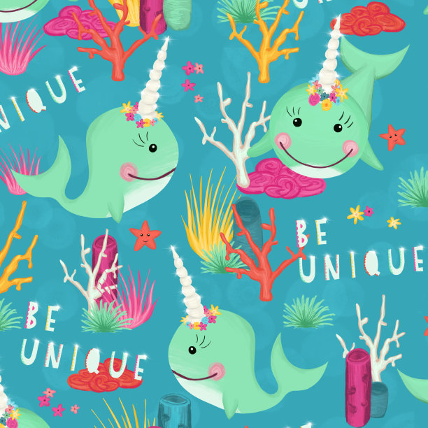 海洋无缝图案与可爱的手绘独角鲸和珊瑚礁。是唯一的刻字。独角兽鲸鱼背景的孩子。用于织物，纺织品，儿童服装，婴儿室，包装，装饰的幼稚纹理图片下载