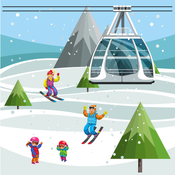 卡通人物在有索道的雪坡上滑雪图片下载