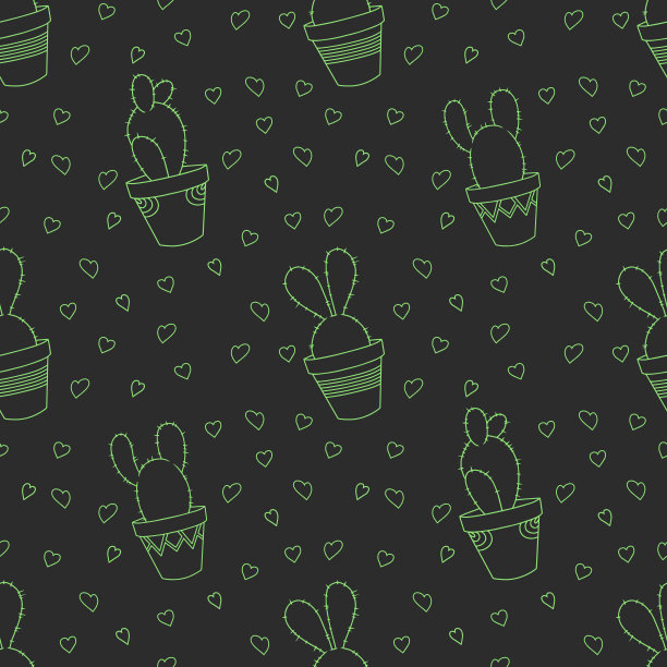 无缝图案与奇异的霓虹灯绿色仙人掌植物的轮廓在花盆上的黑色背景图片下载