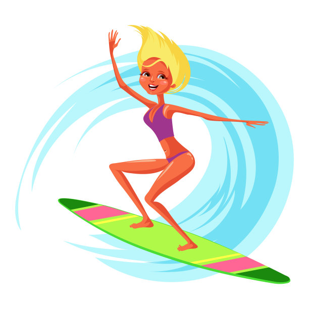 可爱的快乐卡通女孩冲浪在蓝色的海洋图片下载
