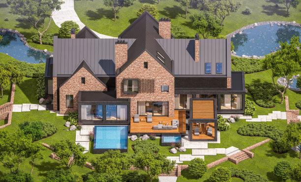 带有水池的现代熟料房的3d渲染图片下载