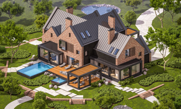 带有水池的现代熟料房的3d渲染图片下载