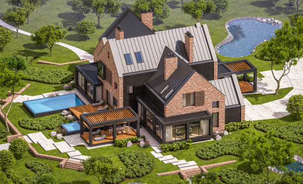 带有水池的现代熟料房的3d渲染图片下载