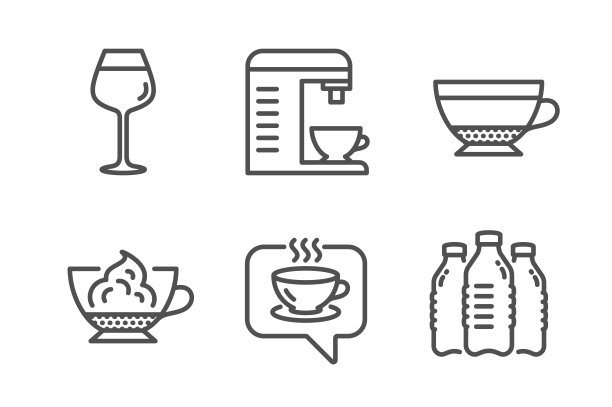 咖啡机，干卡布奇诺和咖啡图标设置。波尔多玻璃，浓咖啡奶油和水瓶标志。向量图片下载